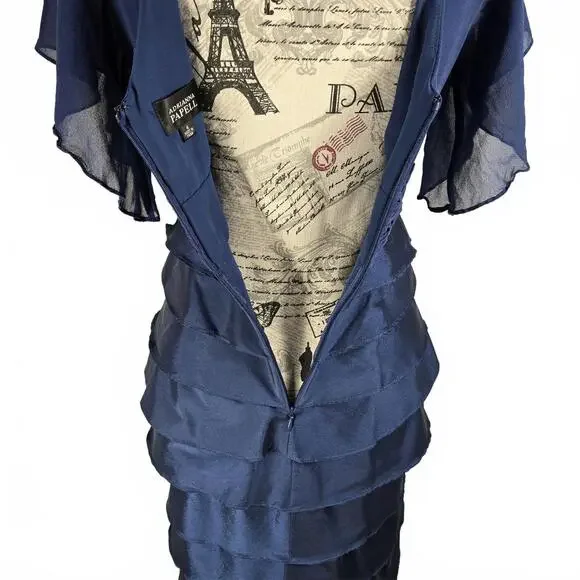 Adrianna Papell Women's Sz 4 Flutter Sleeve Tiered V-Neckline Front & Back Dress - Picture 4 of 9